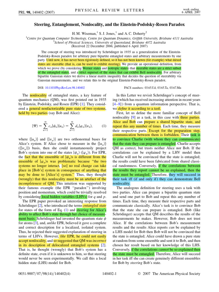 FQM Presentation - PhysRevLett.98.140402 | PDF | Quantum Entanglement ...