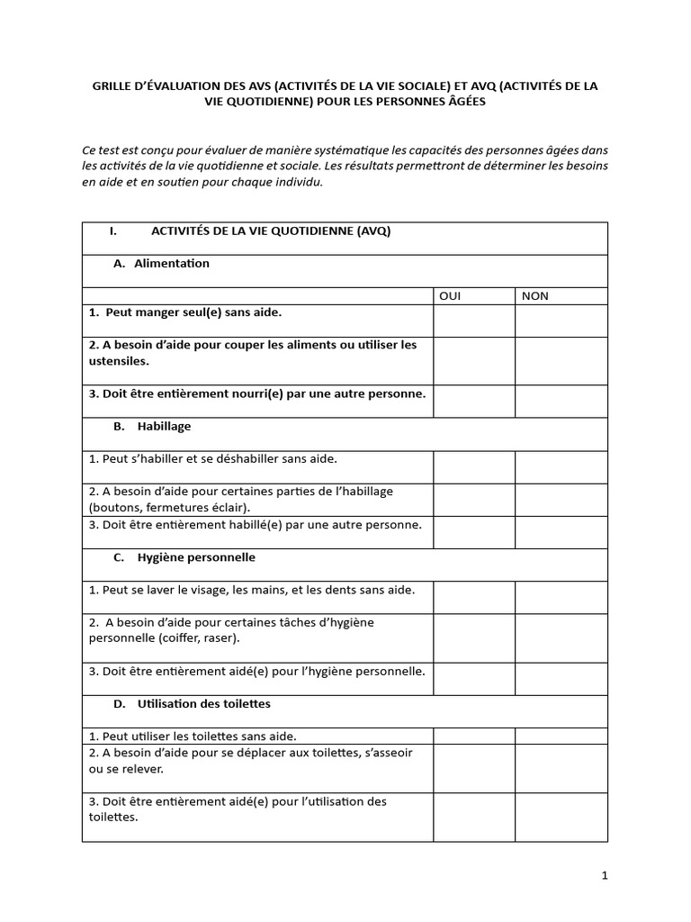 Évaluation des AVS et AVQ pour seniors | PDF