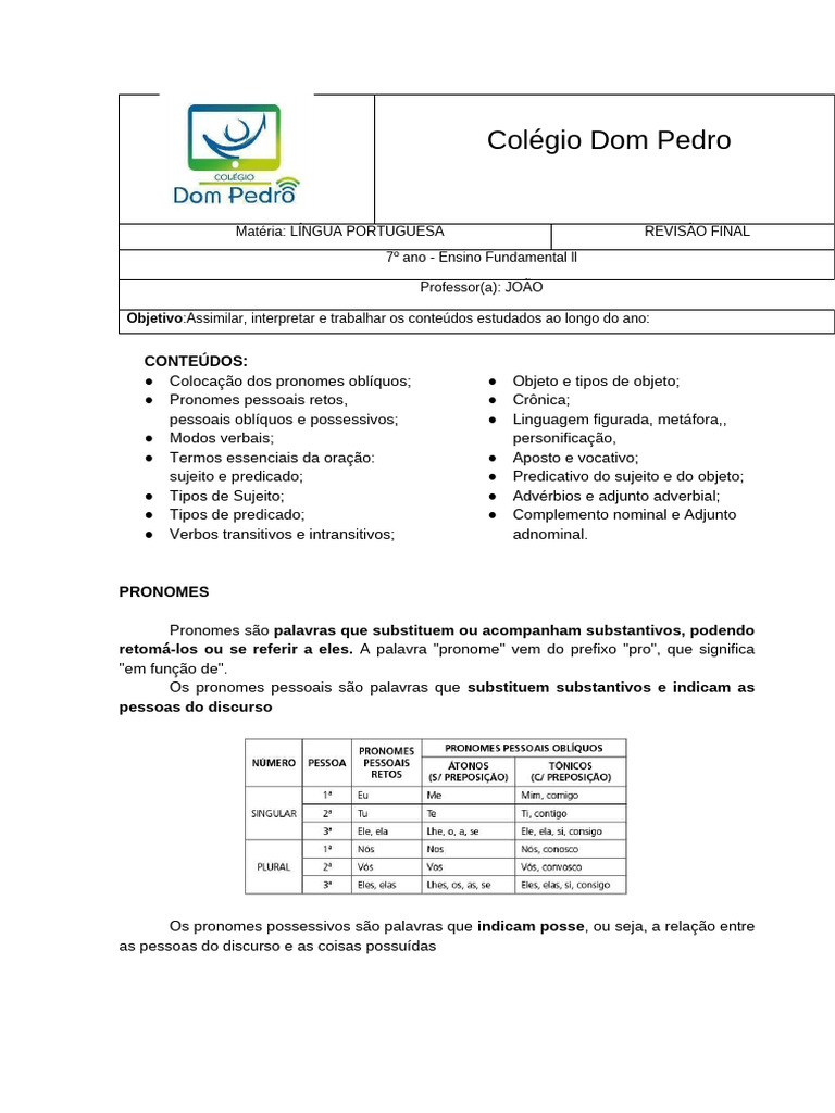 Revisão de Língua Portuguesa 7º Ano | PDF | Assunto (gramática) | Pronome