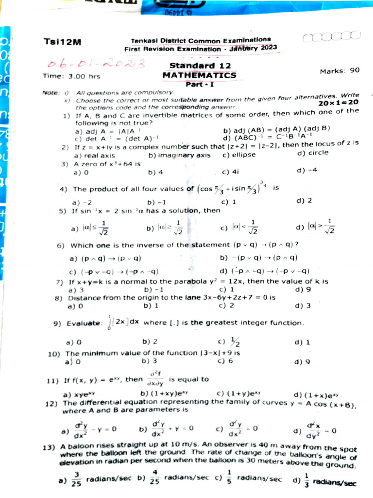 Tenkasi District 12th Grade Math Exam | PDF | Mathematics ...