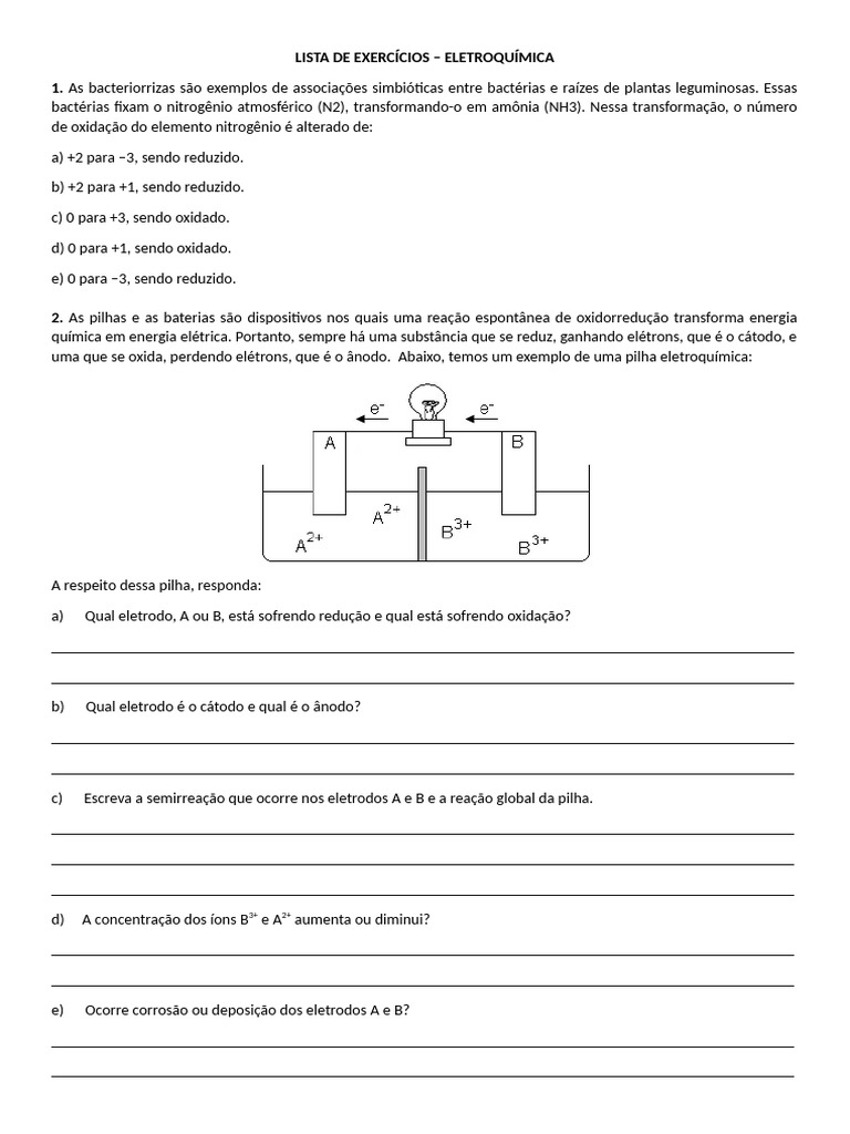 Lista de Exercícios de Eletroquímica | PDF | Eletroquímica | Redox