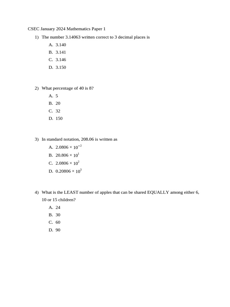 CSEC Jan 2024 Maths Paper 1 Solutions | PDF | Numbers | Mathematics