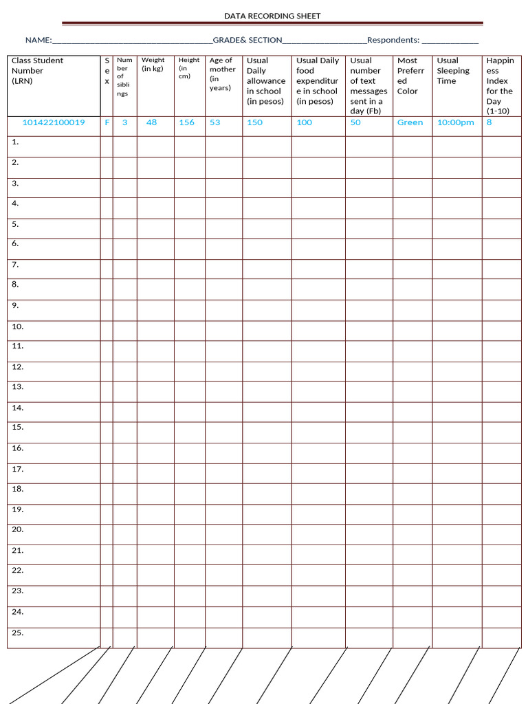 Data Recording Sheets Pdf