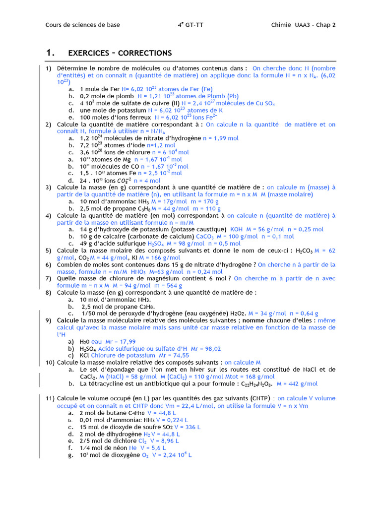 Exercices de Chimie : Calculs Moles et Masses | PDF | Mole (unité ...