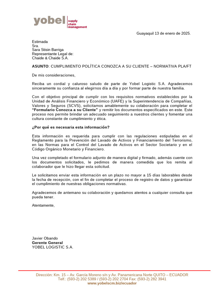 Carta Chaide & Chaide S A - Prevención de Laft | PDF
