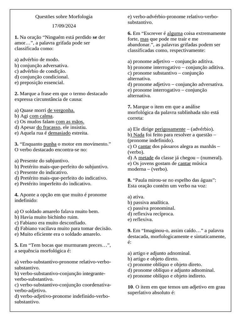 Questões de Morfologia em Português | PDF | Pronome | Substantivo