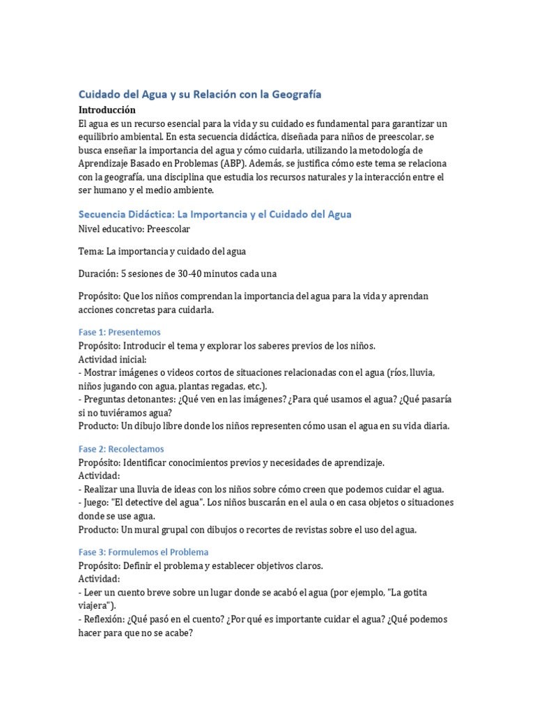 Cuidado del Agua en Educación Preescolar | PDF | Entorno natural ...