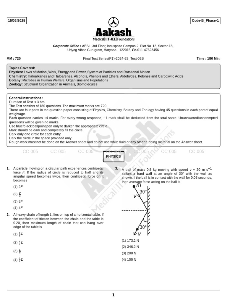 Final Test Series 2024-25: Physics & Chemistry | PDF | Force | Velocity
