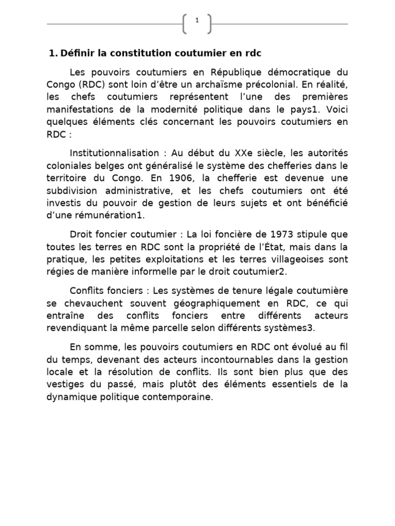 Pouvoirs coutumiers et constitution RDC | PDF | Loi | Constitution