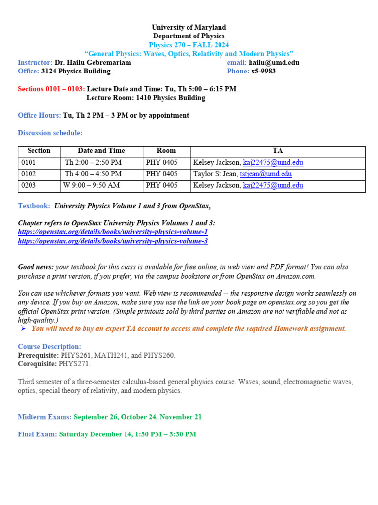 Physics 270 Course Overview: Fall 2024 | PDF | Homework | Physics