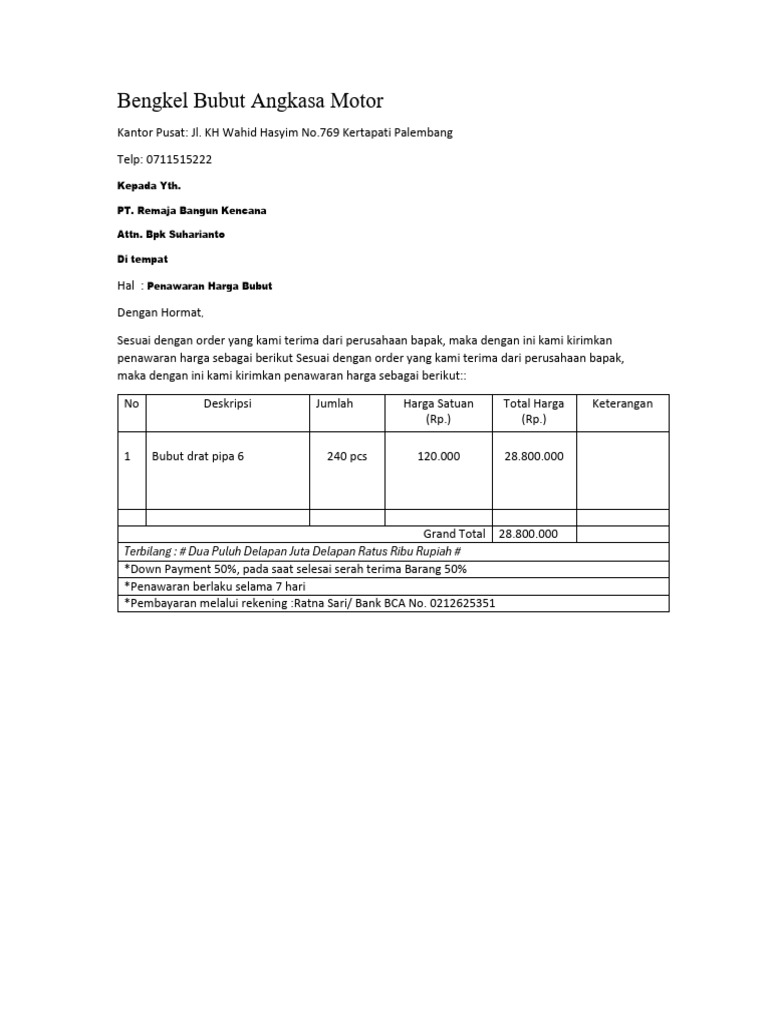 Penawaran Harga Bubut untuk PT. RBK | PDF