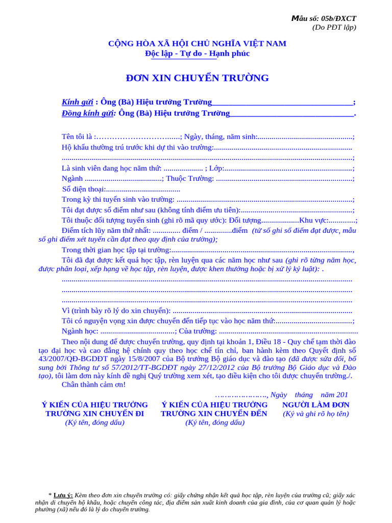 Mau 5b - Don Xin Chuyen Truong - Ap Dung Cho Hoc Theo Tin Chi | PDF