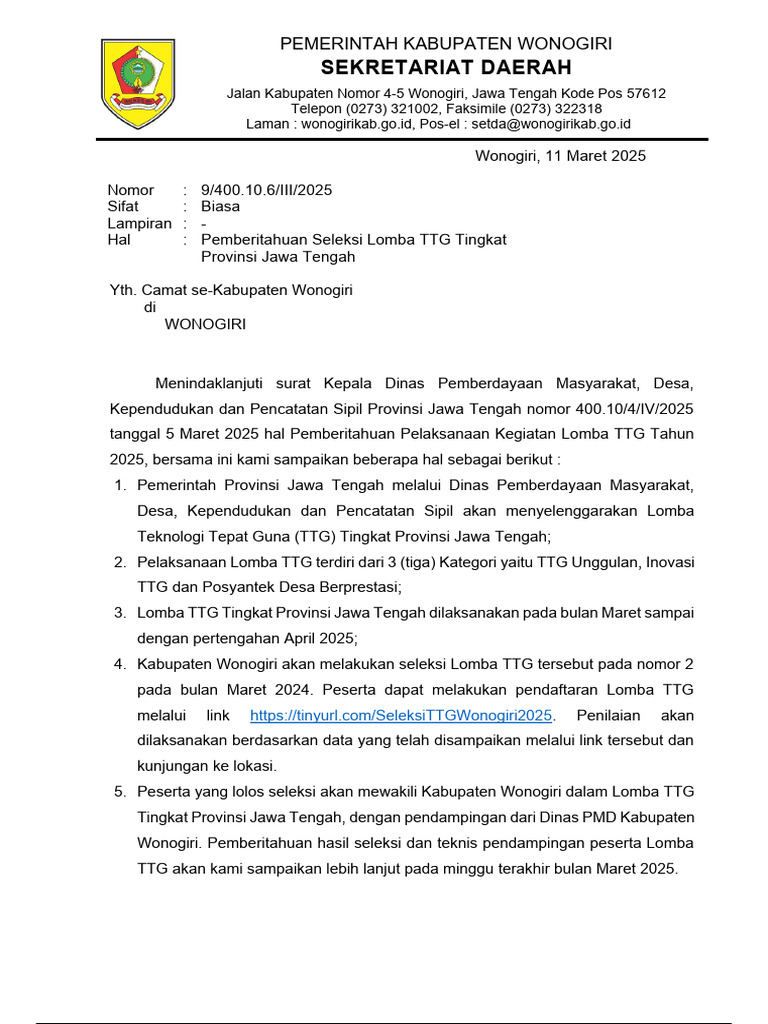 Seleksi Lomba TTG Wonogiri 2025 | PDF