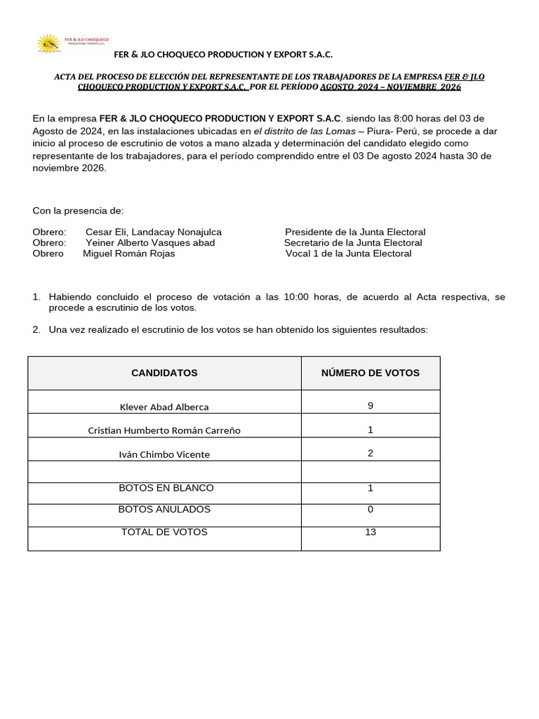 Acta Del Proceso de Elección Del Representante de Los Trabajadores ...