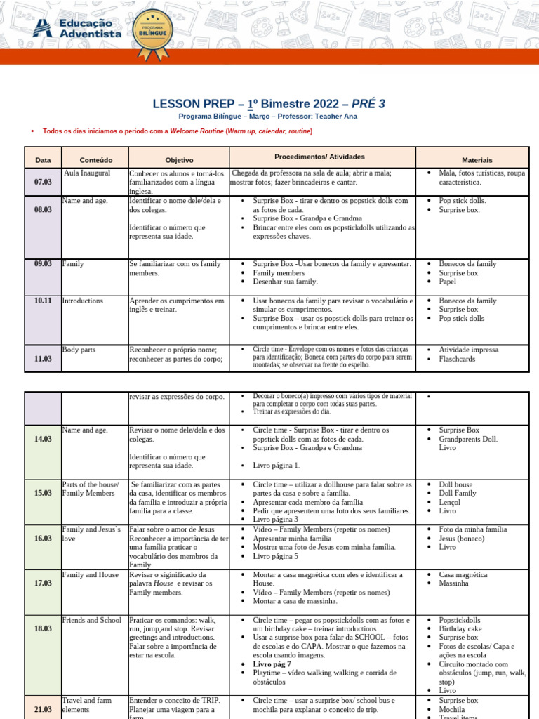 Aulas de Inglês para Pré 3 - 1º Bimestre | PDF