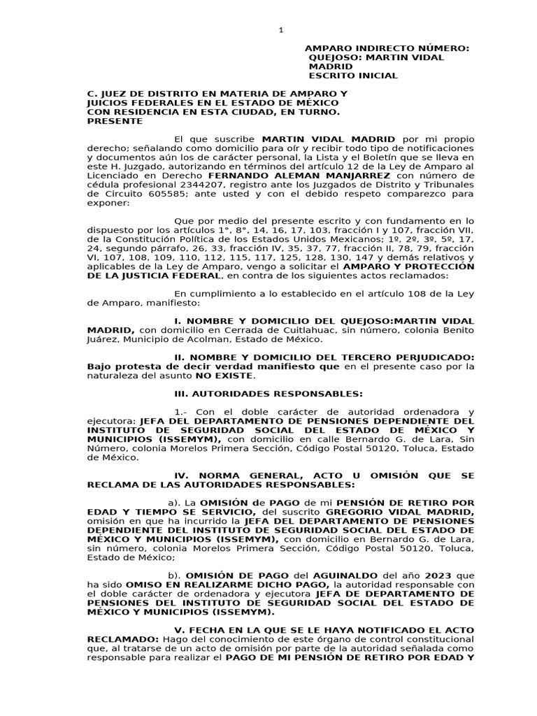 Amparo por omisión de pensión ISSEMYM | PDF | Caso de ley | Derecho ...