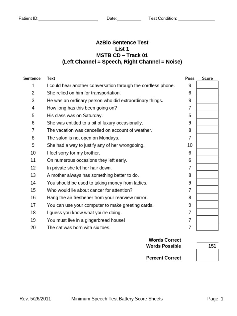 AzBio Sentence Test Score Sheets | PDF | Syllable | Consonant