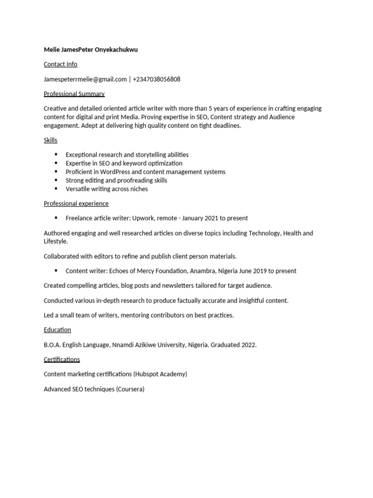 SEO-Focused Article Writer Profile | PDF