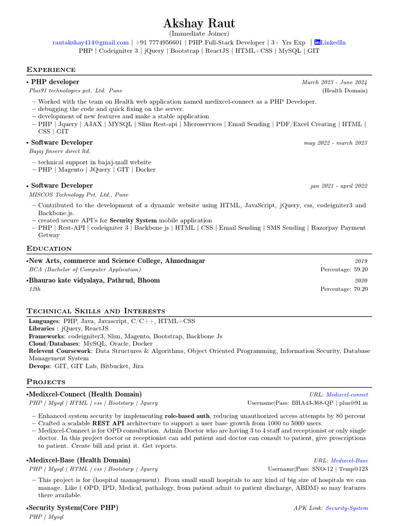 PHP Full-Stack Developer Resume | PDF | J Query | Bootstrap (Front End ...