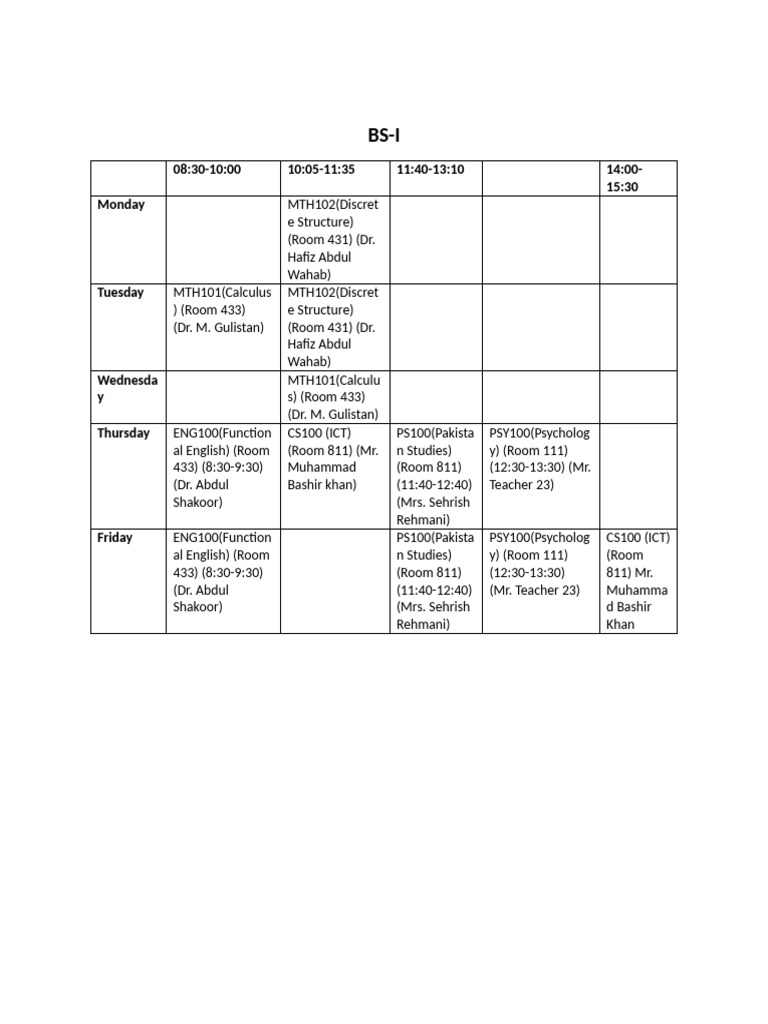 Weekly Class Schedule for BS Programs | PDF | Mathematical Objects ...