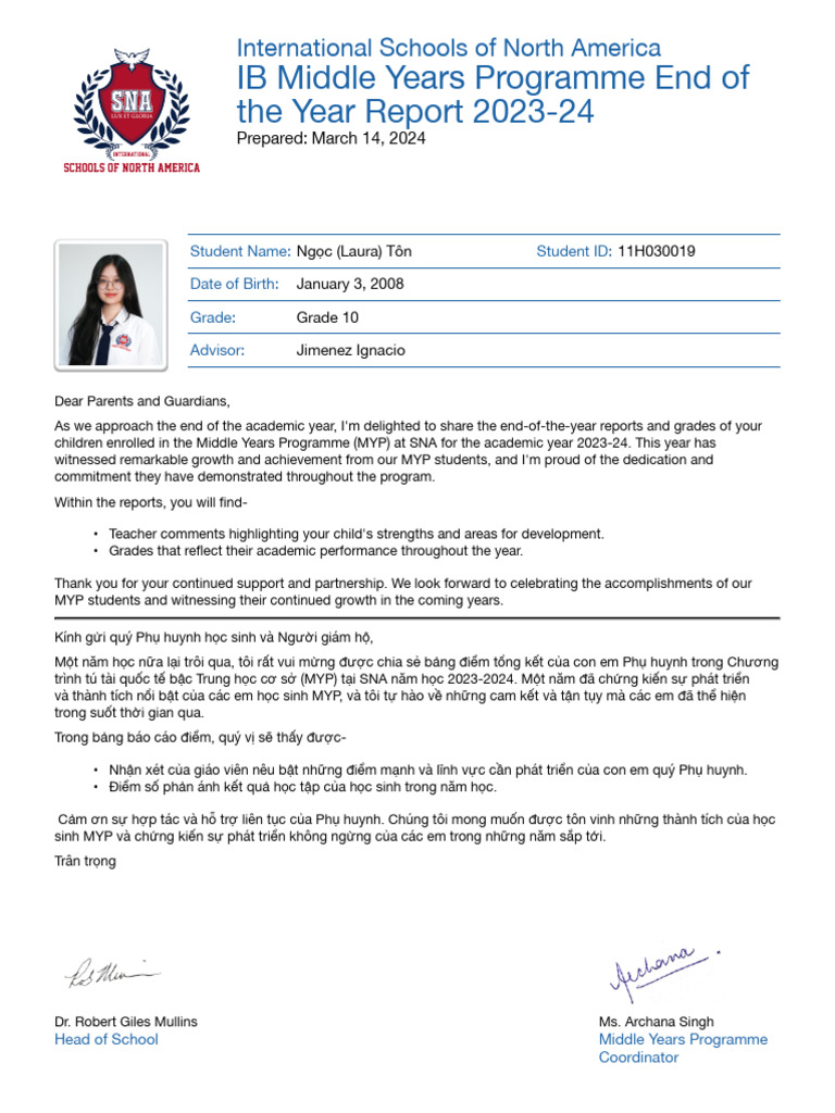 IB Middle Years Programme End of The Year Report 2023-24 Grade 10 Tôn ...