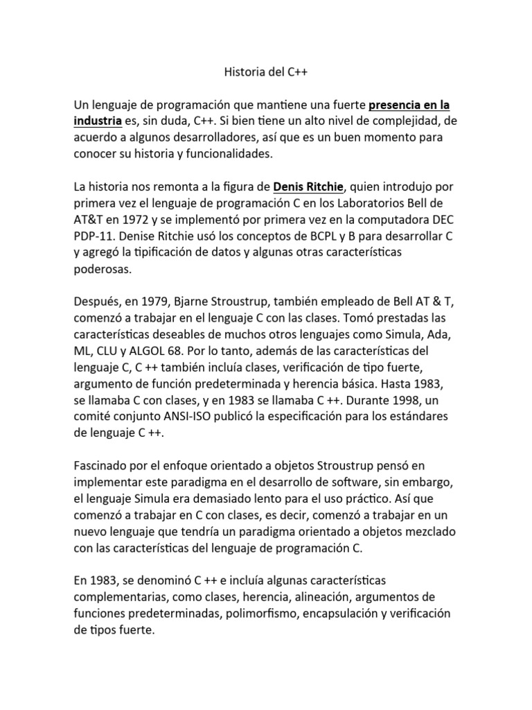 Historia del C++ | PDF | C (lenguaje de programación) | Lenguaje de ...