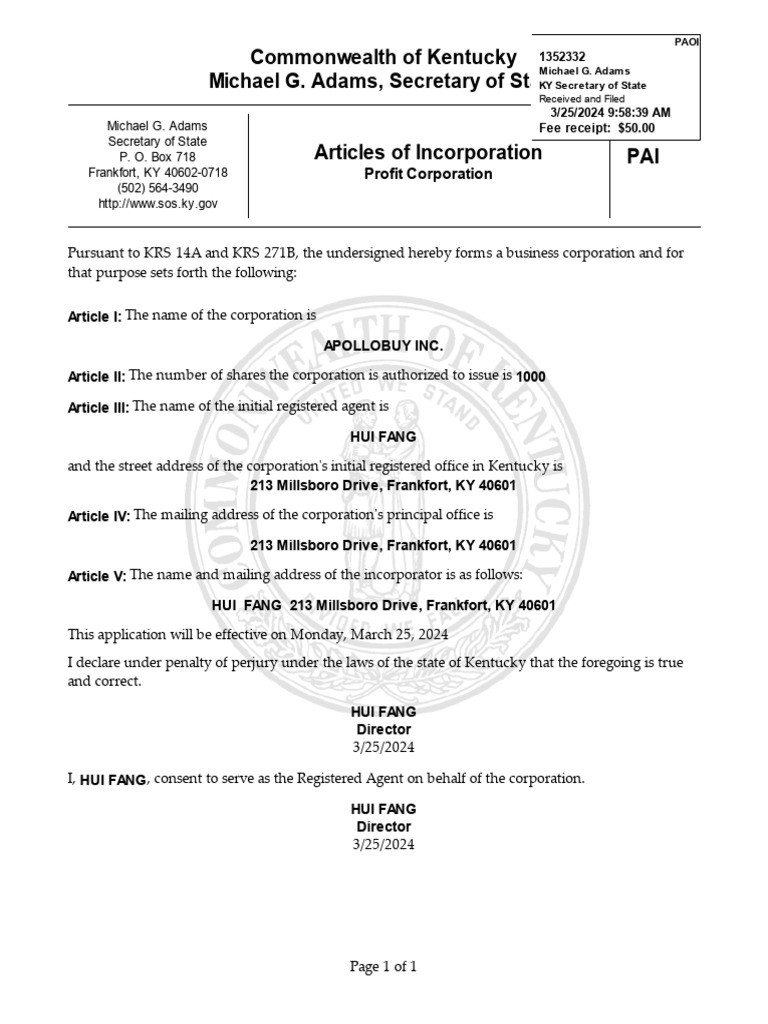 Kentucky Articles of Incorporation: ApolloBuy Inc. | PDF | Corporations ...