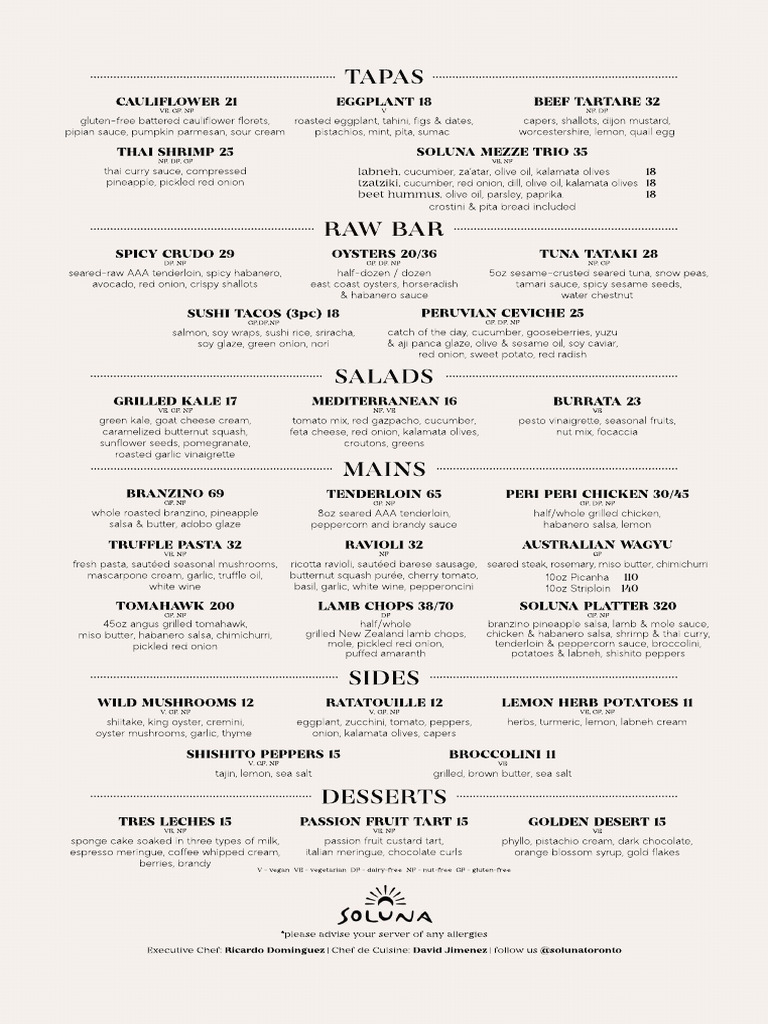 Soluna Toronto Menu: Vegan & Gourmet Dishes | PDF