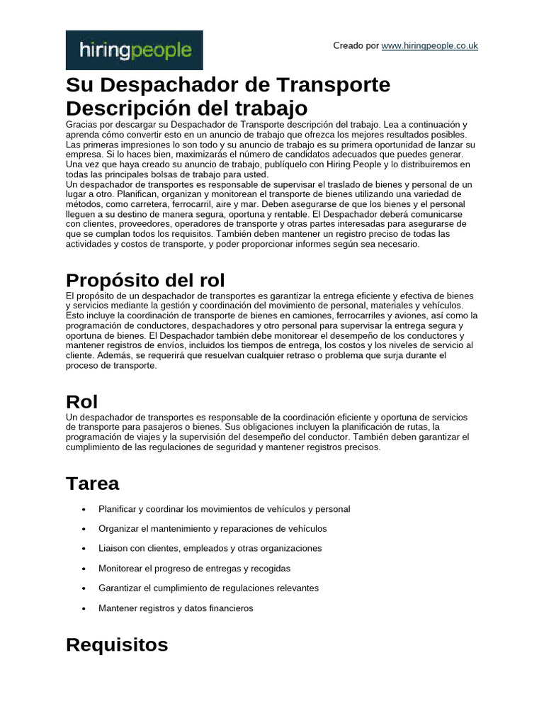 Descripción del Puesto: Despachador de Transporte | PDF | Transporte