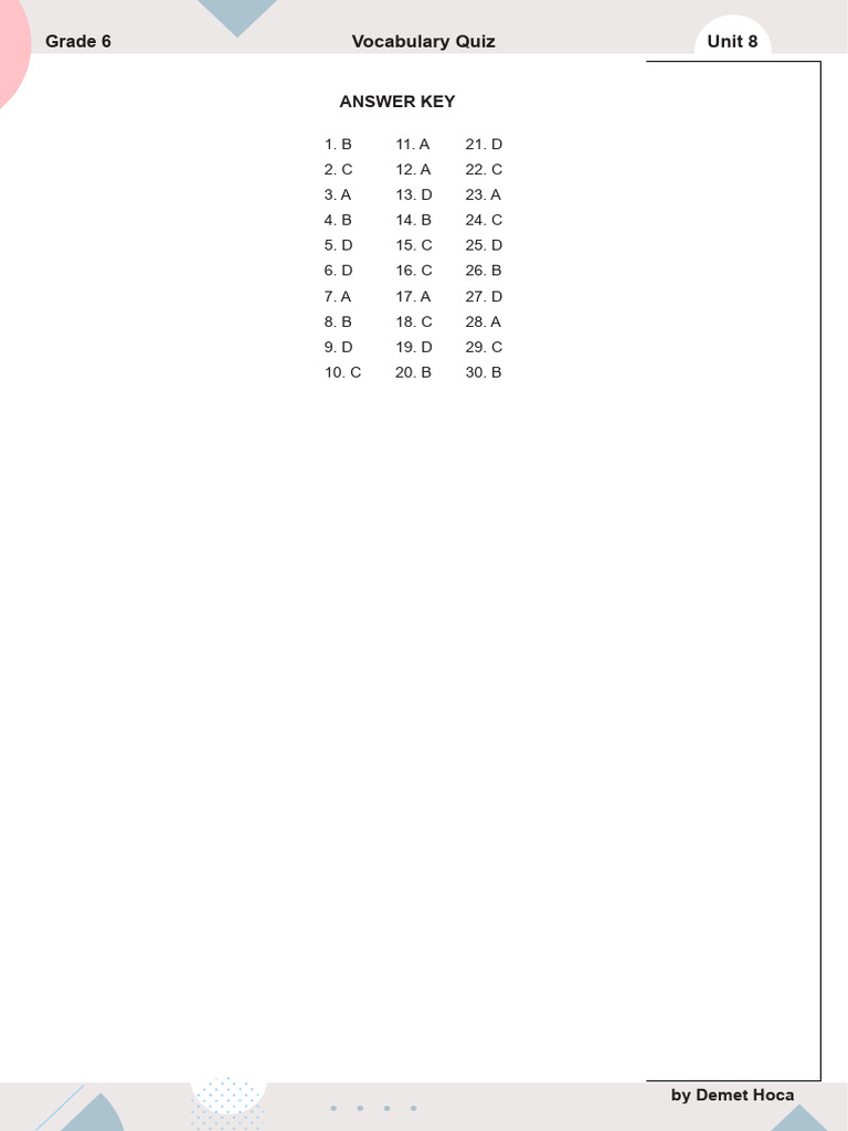 Grade 6 Unit 8 Vocabulary Quiz Answers | PDF