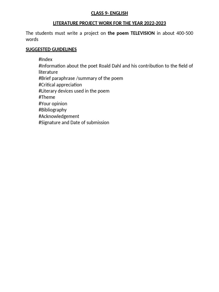 Class 9 English Literature Project Guide | PDF