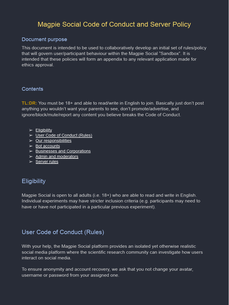 Magpie Social Code of Conduct | PDF | Internet Forum | User (Computing)