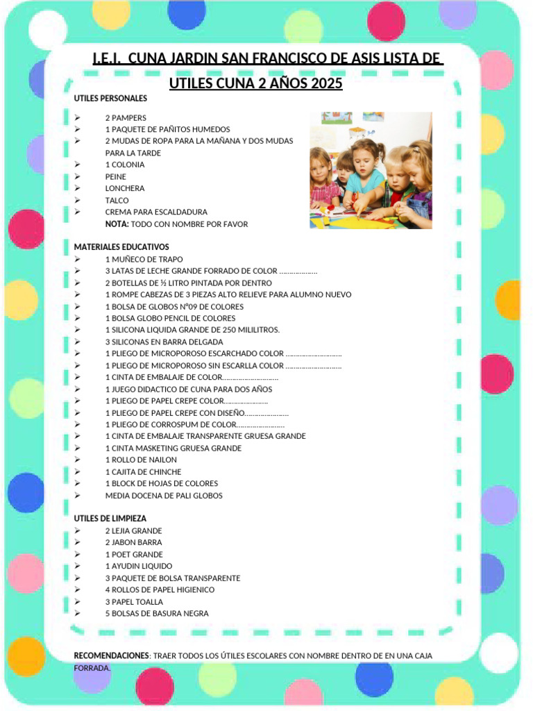 Lista de Útiles para Niños de 2 Años | PDF