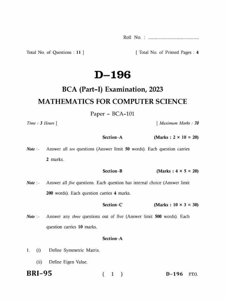 Bca Part 1 Mathematics For Computer Science D 196 2023 | PDF
