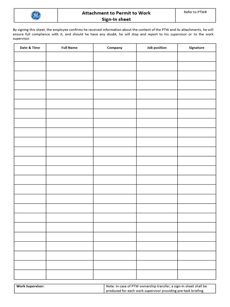 Permit to Work Sign-In Sheet | PDF