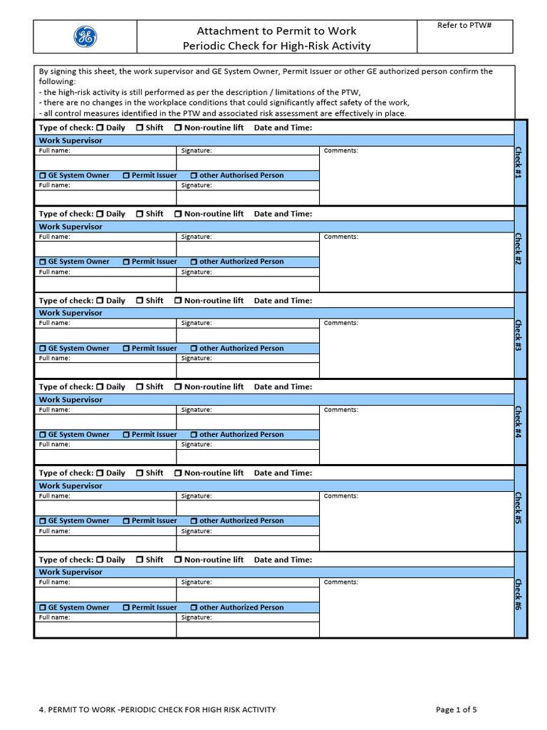 Permit To Work - Periodic Check For High Risk Activity | PDF | Safety ...