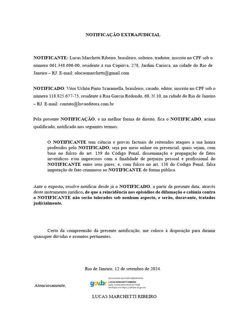 Notificação Extrajudicial por Difamação | PDF