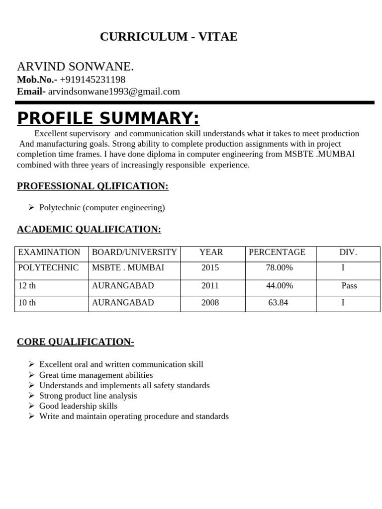 Arvind Sonwane - Production CV | PDF