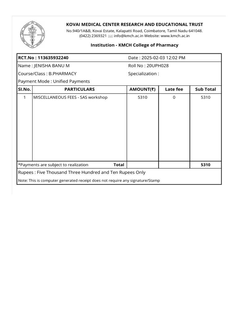 KMCH College of Pharmacy Payment Receipt | PDF