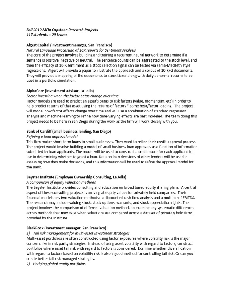 Fall 2019 MFin Capstone Research Projects | PDF | Financial Risk ...