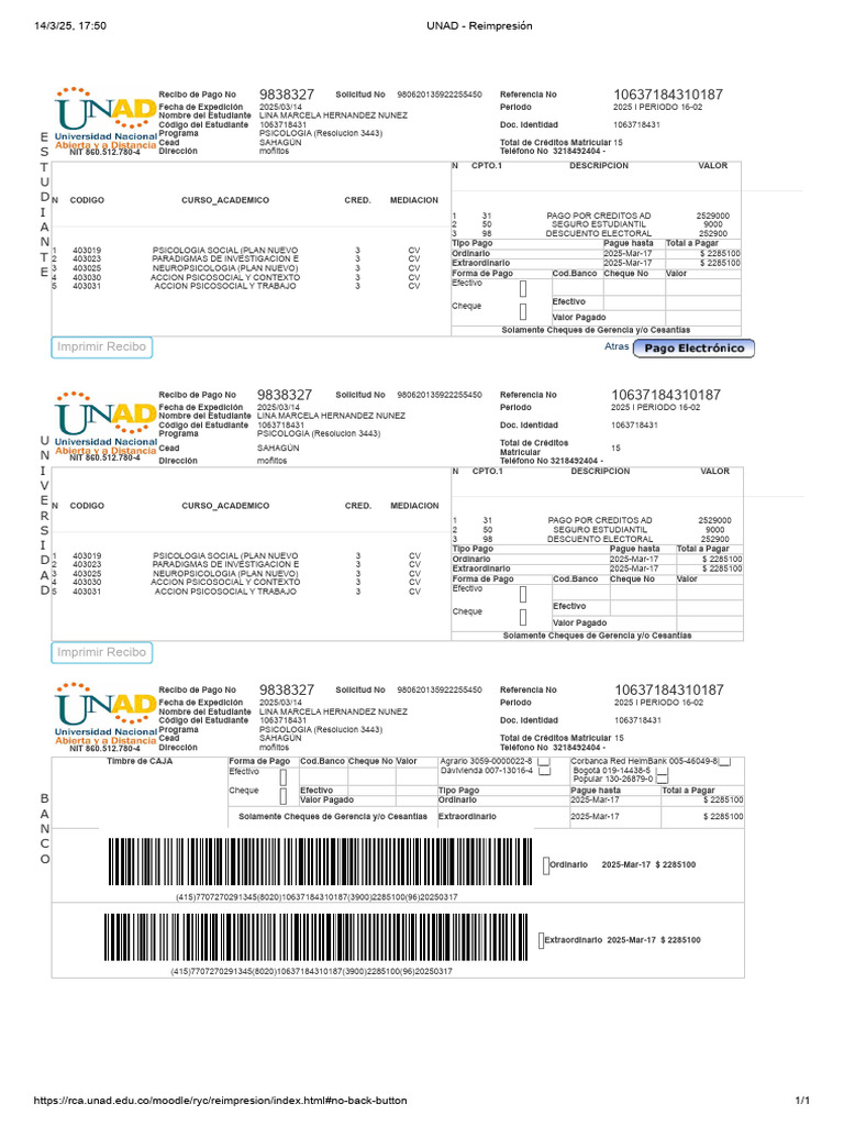 Recibo de Pago UNAD 2025-1 | PDF