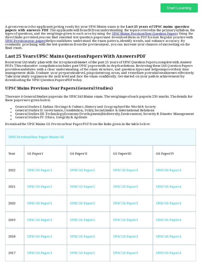 Last 25 Years UPSC Mains Question Papers - Download PDF With Answers. | PDF