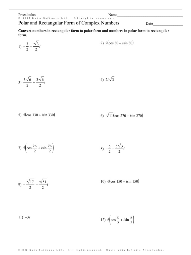 Polar and Rectangular Complex Numbers Worksheet | PDF