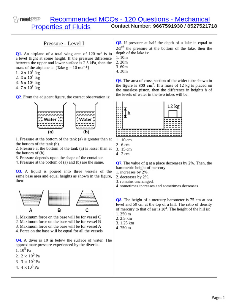 10 - Mechanical Properties of Fluids | PDF | Pressure | Viscosity