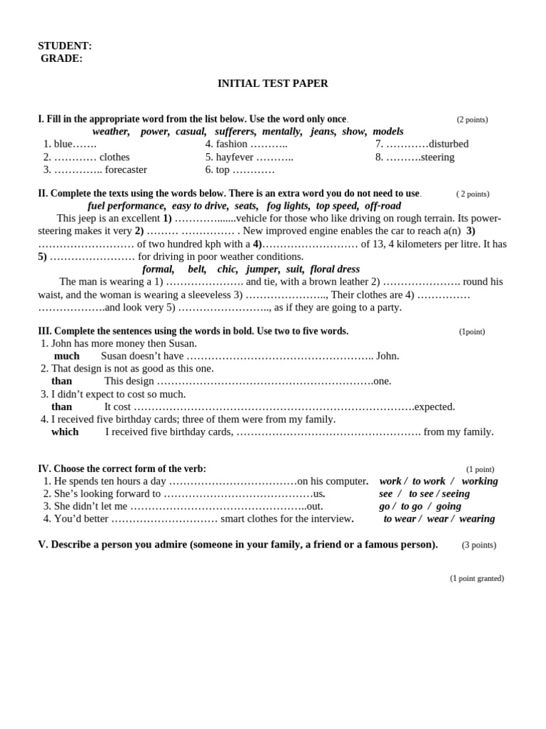 Student Test Paper: Language Skills Assessment | PDF | Clothing | Motor ...