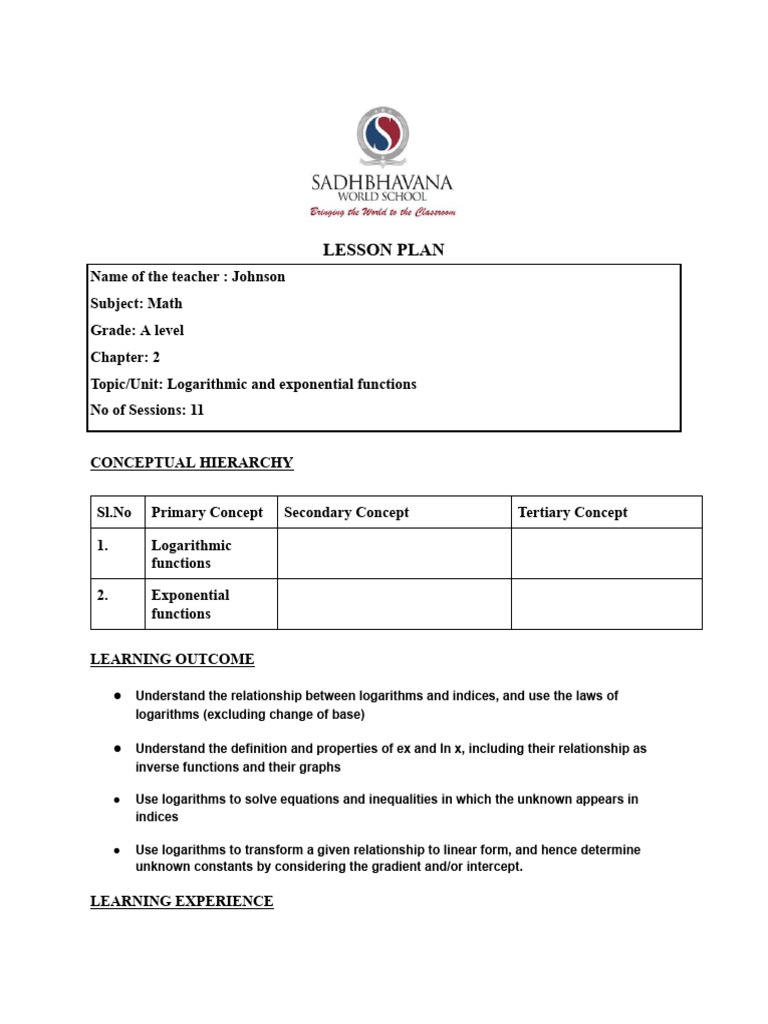 A Level Math LESSON PLAN March 25 Logarithmic and Exponential Functions ...