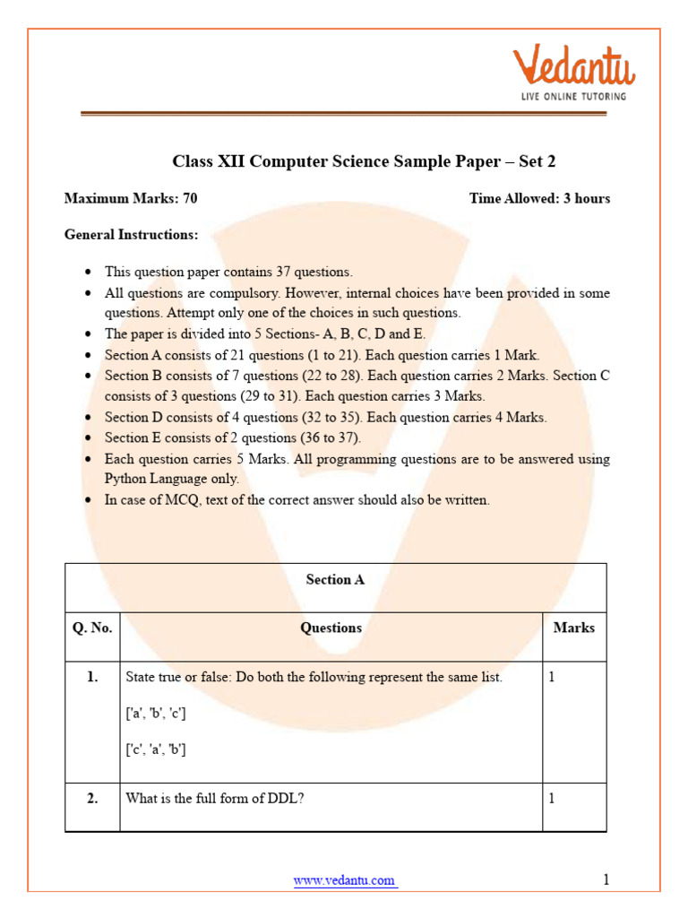 CBSE Class 12 Computer Science Sample Paper Set 2 For 2024-25 FREE PDF ...