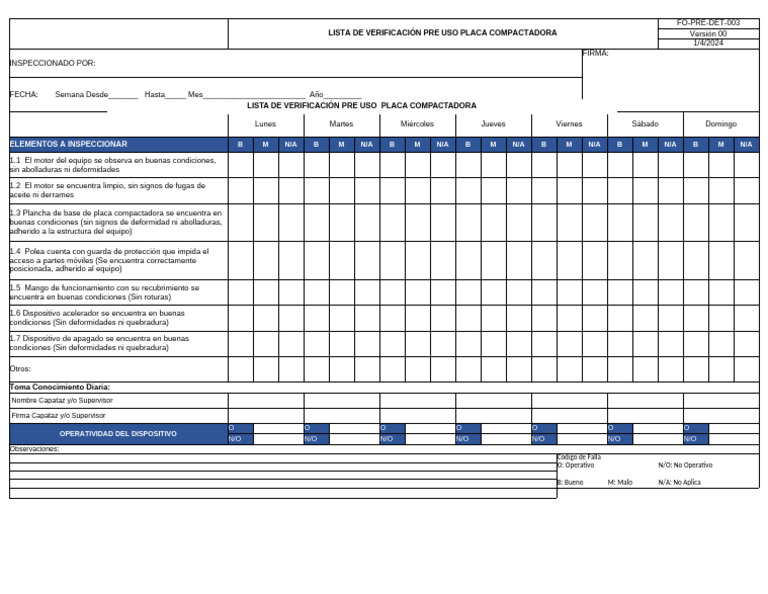 FO PRE DET 003 - Check List - Placa - Compactadora | PDF