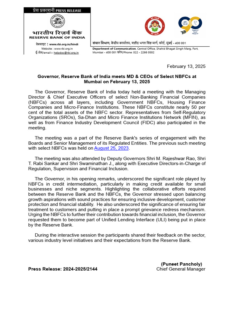 RBI Governor Meets NBFC CEOs in Mumbai | PDF | Reserve Bank Of India ...