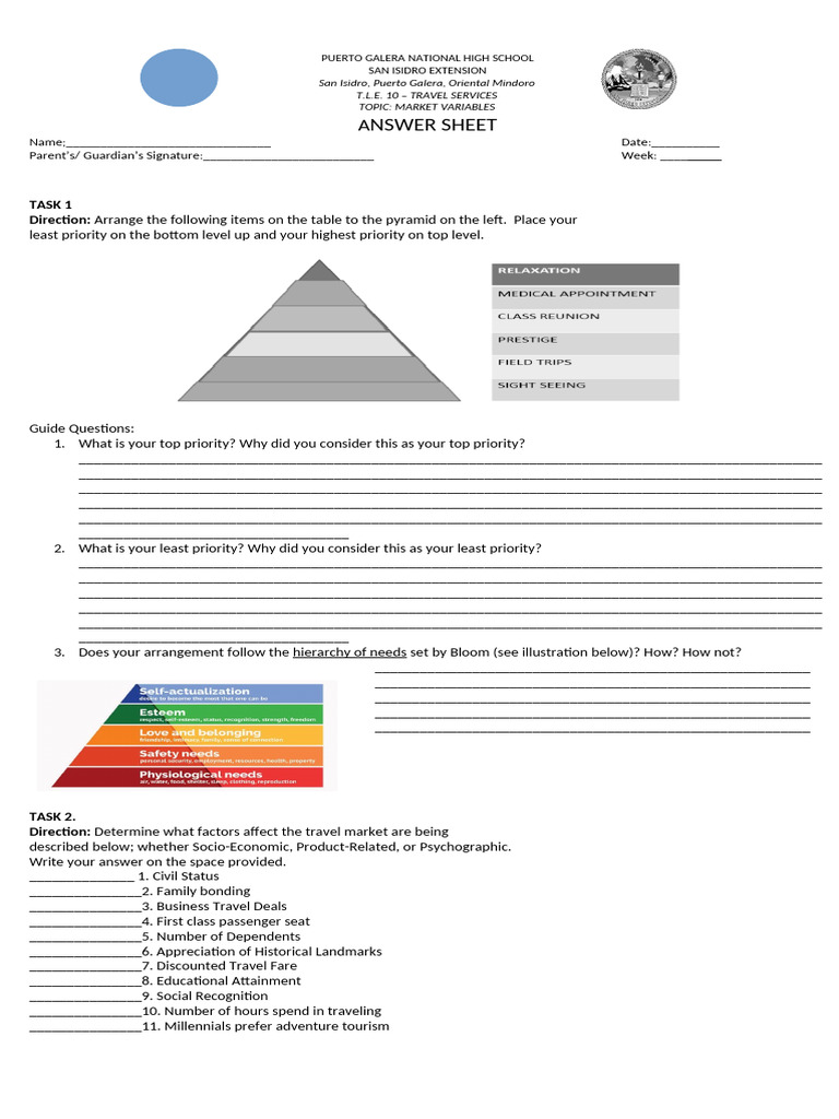 TRAVEL SERVICES Q2 WEEK 2 Answer Sheet and Performance Task - MARKET ...